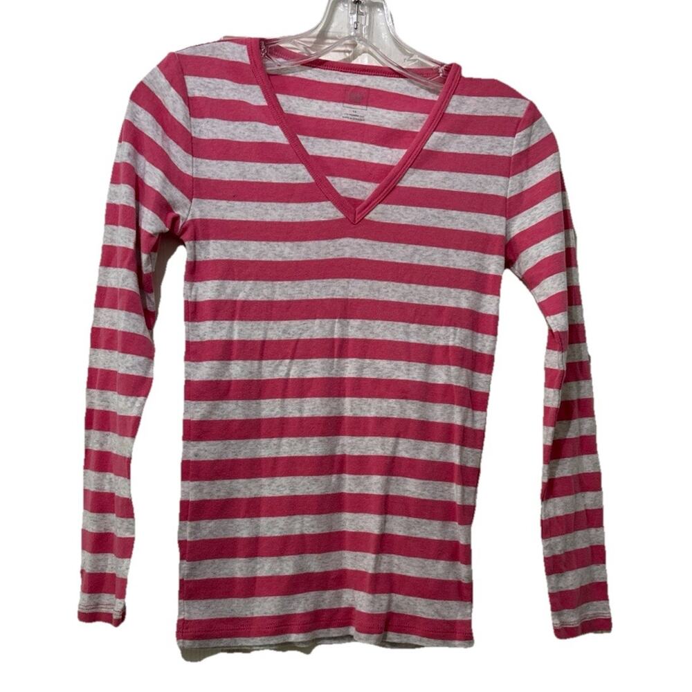 GAP Modern T Long Sleeve Top Size XS Pink Grey Striped V-Neck Pima Cotton Blend